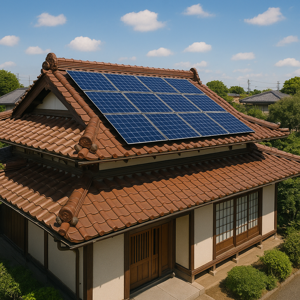 日本家屋につけた屋根上太陽光発電のイメージ